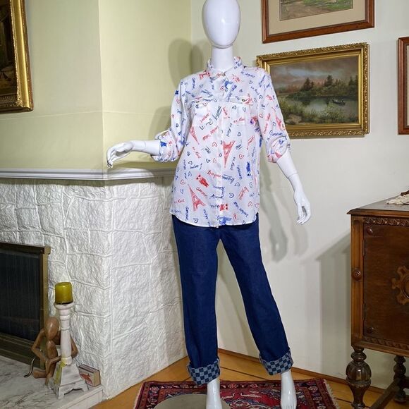 Karl Lagerfeld Paris Amour Red White &Blue Button Down Shirt - Picture 6 of 14